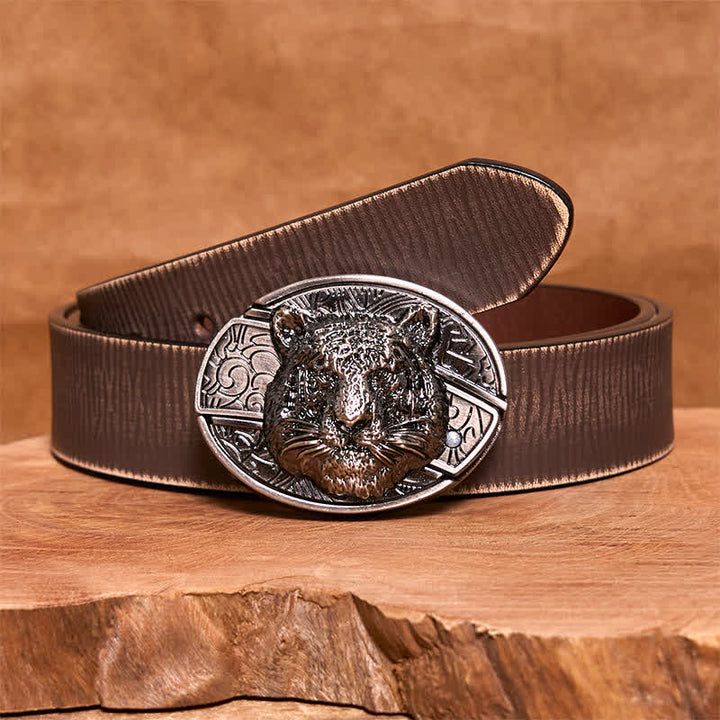 Men's DIY Leopard Head Hidden Folding Knife Leather Belt - Leopard Head - Brown Distressed Belt - 42 - image 8