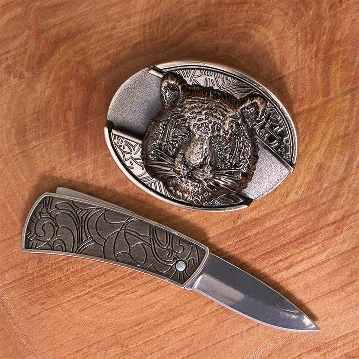 Men's DIY Leopard Head Hidden Folding Knife Leather Belt