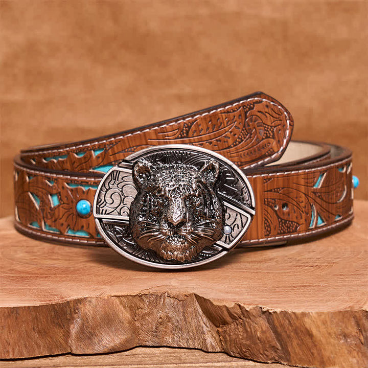 Men's DIY Leopard Head Hidden Folding Knife Leather Belt - Leopard Head - Turquoise Carved Belt - 42 - image 6