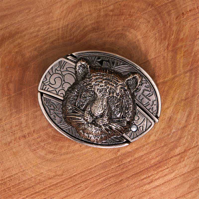 Men's DIY Leopard Head Hidden Folding Knife Leather Belt