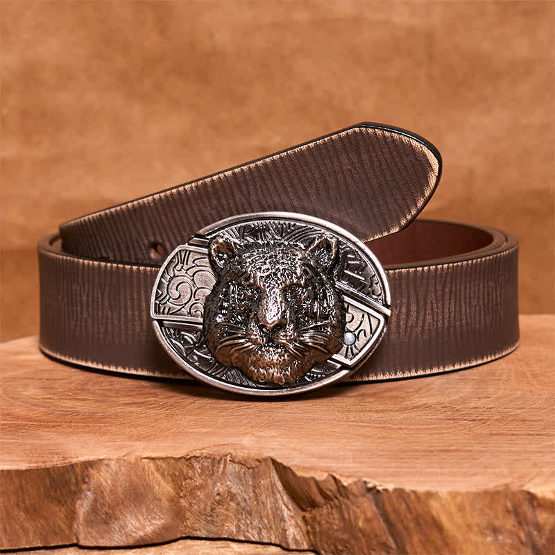 Men's DIY Leopard Head Hidden Folding Knife Leather Belt - Leopard Head - Brown Distressed Belt - 42 - image 8