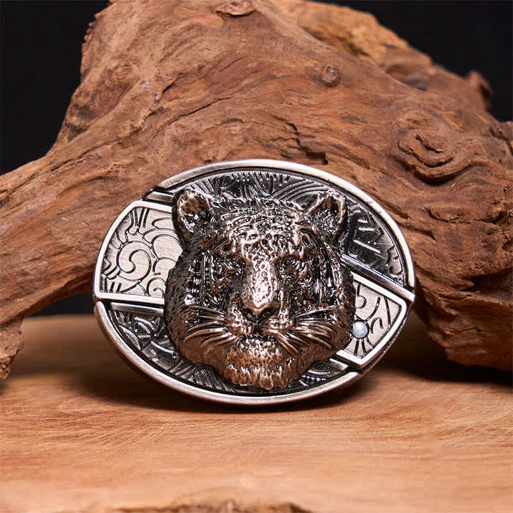 Men's DIY Leopard Head Hidden Folding Knife Leather Belt