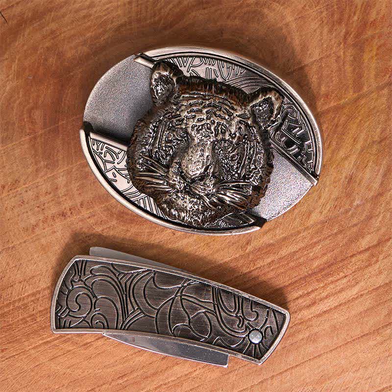 Men's DIY Leopard Head Hidden Folding Knife Leather Belt