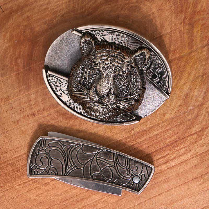 Men's DIY Leopard Head Hidden Folding Knife Leather Belt