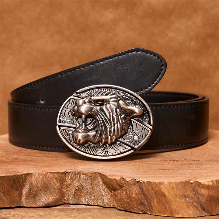 Men's DIY Roaring Tiger Hidden Folding Knife Leather Belt