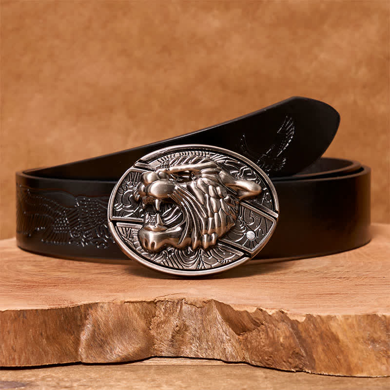 Men's DIY Roaring Tiger Hidden Folding Knife Leather Belt