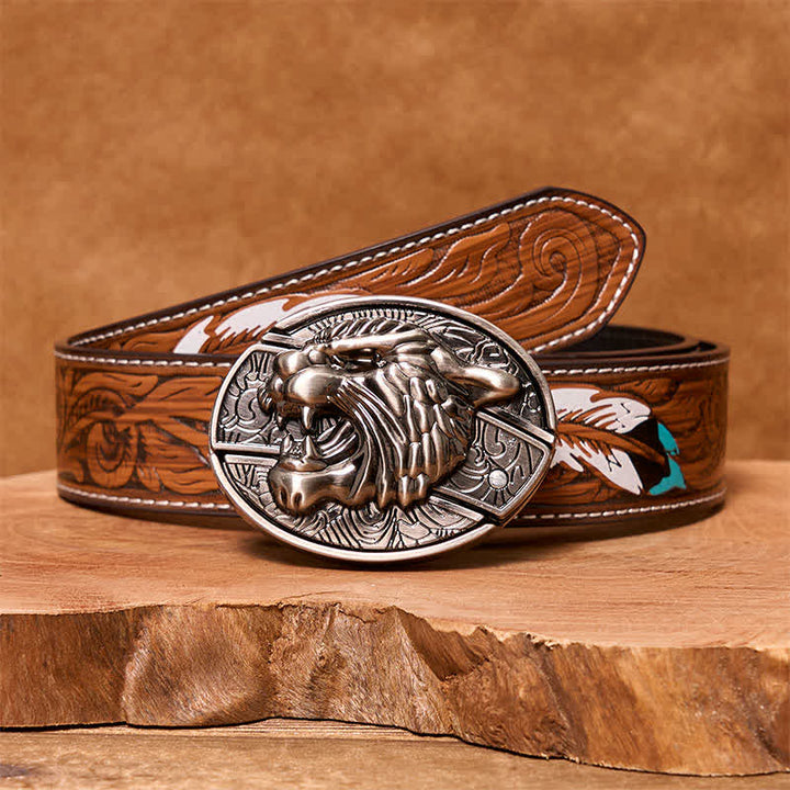 Men's DIY Roaring Tiger Hidden Folding Knife Leather Belt - Roaring Tiger - Brown Feather Belt - 40 - image 9