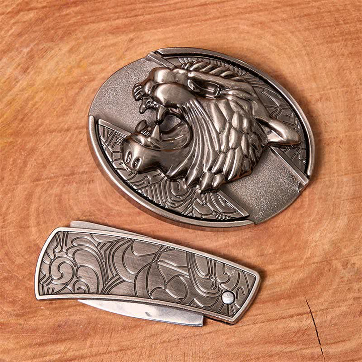 Men's DIY Roaring Tiger Hidden Folding Knife Leather Belt