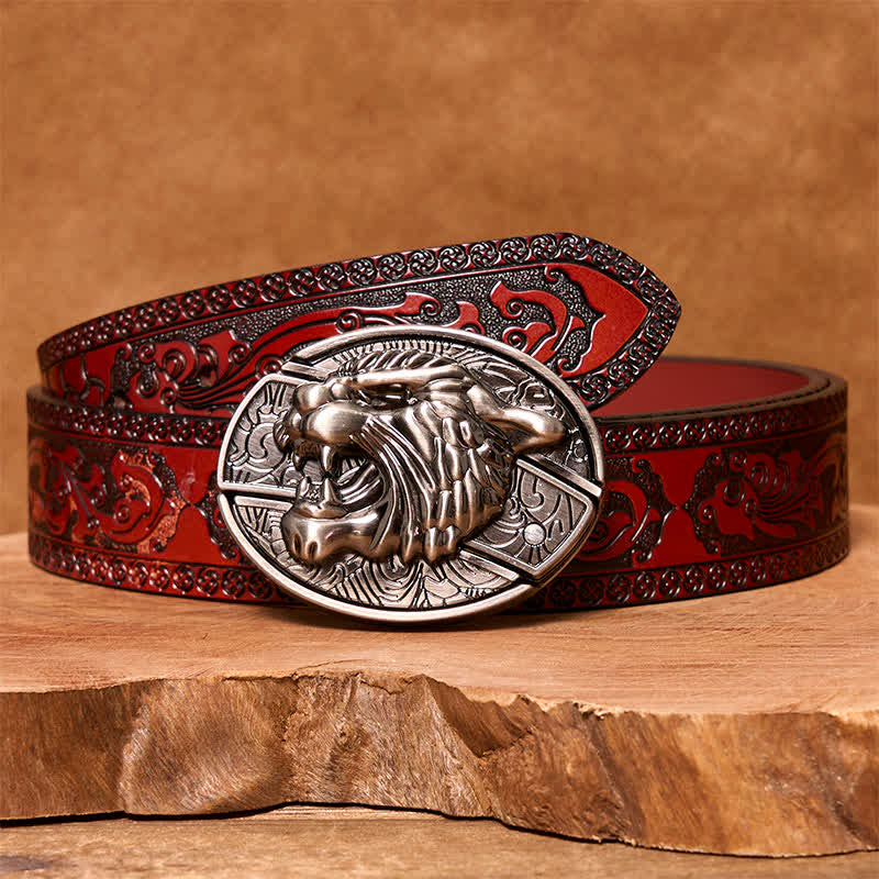 Men's DIY Roaring Tiger Hidden Folding Knife Leather Belt - Roaring Tiger - Brown Carved Belt - 42 - image 6