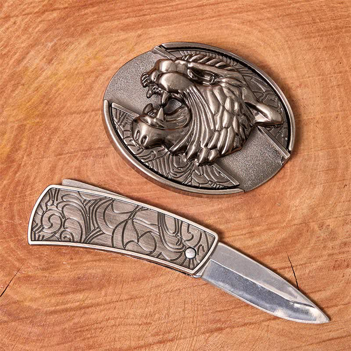 Men's DIY Roaring Tiger Hidden Folding Knife Leather Belt