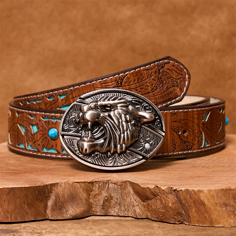Men's DIY Roaring Tiger Hidden Folding Knife Leather Belt