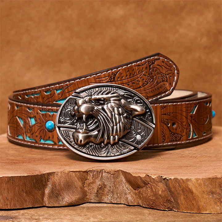 Men's DIY Roaring Tiger Hidden Folding Knife Leather Belt