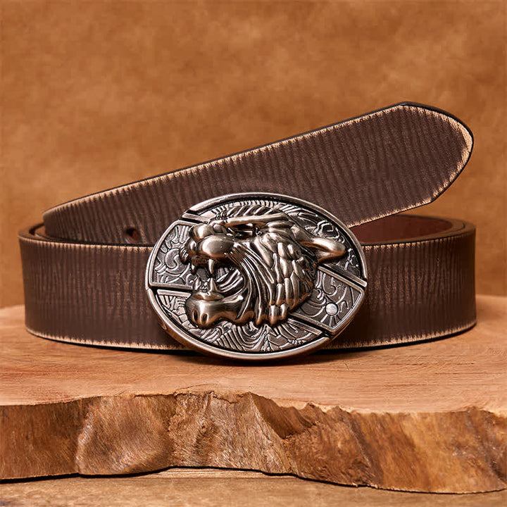 Men's DIY Roaring Tiger Hidden Folding Knife Leather Belt - Roaring Tiger - Brown Distressed Belt - 42 - image 8