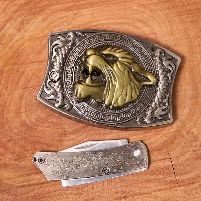 Men's DIY Tiger Hidden Folding Knife Leather Belt