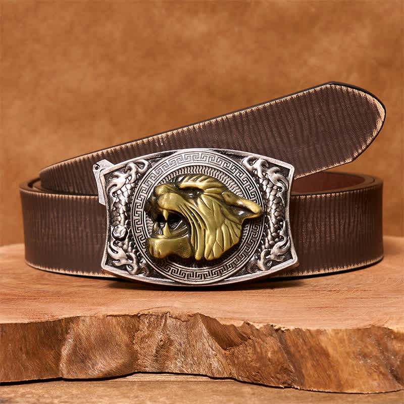 Men's DIY Tiger Hidden Folding Knife Leather Belt - Tiger - Brown Distressed Belt - 42 - image 7