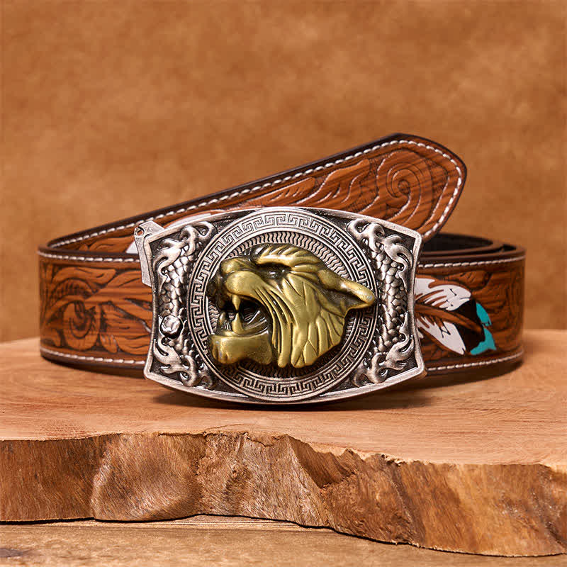 Men's DIY Tiger Hidden Folding Knife Leather Belt