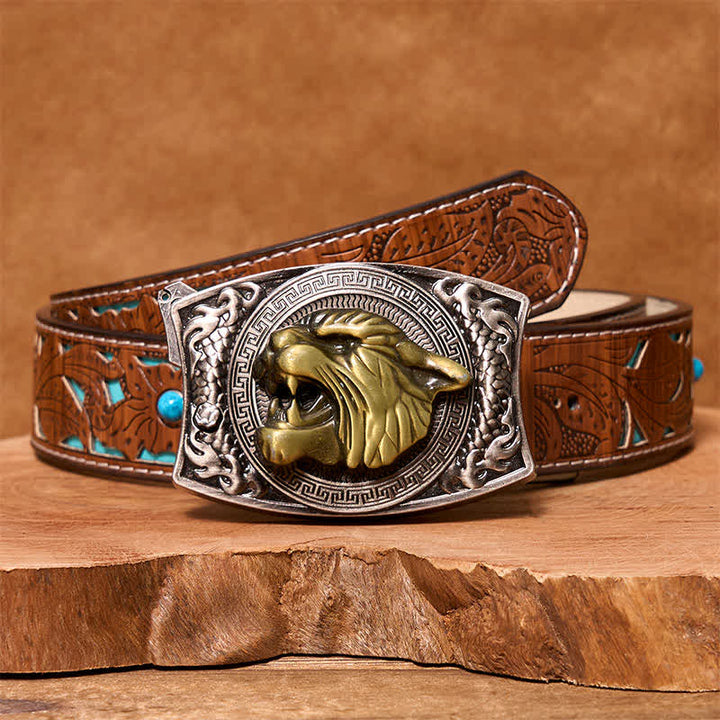 Men's DIY Tiger Hidden Folding Knife Leather Belt
