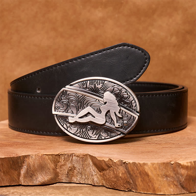 Men's DIY Lady Silhouette Hidden Folding Knife Leather Belt