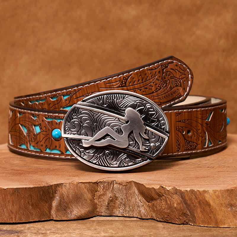 Men's DIY Lady Silhouette Hidden Folding Knife Leather Belt - Lady - Turquoise Carved Belt - 42 - image 6