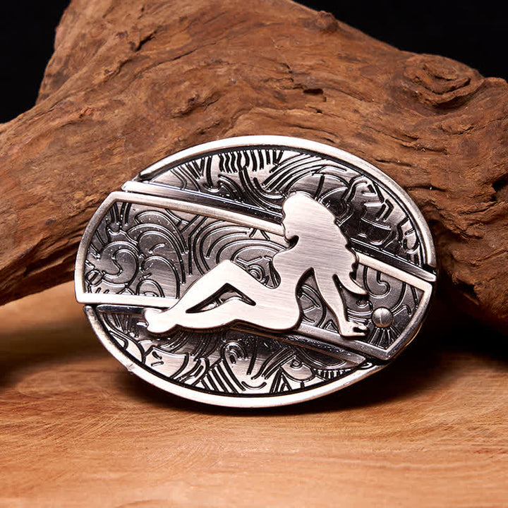 Men's DIY Lady Silhouette Hidden Folding Knife Leather Belt