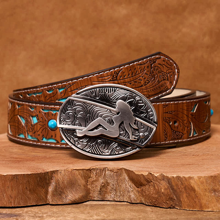 Men's DIY Lady Silhouette Hidden Folding Knife Leather Belt - Lady - Turquoise Carved Belt - 42 - image 6