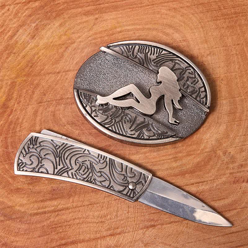 Men's DIY Lady Silhouette Hidden Folding Knife Leather Belt - image 1
