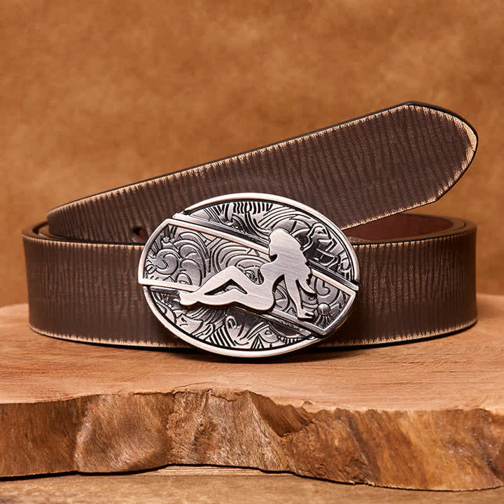Men's DIY Lady Silhouette Hidden Folding Knife Leather Belt - Lady - Brown Distressed Belt - 42 - image 7