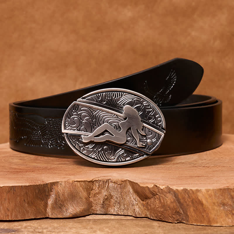 Men's DIY Lady Silhouette Hidden Folding Knife Leather Belt - Lady - Black Embossed Eagle Belt - 42 - image 5