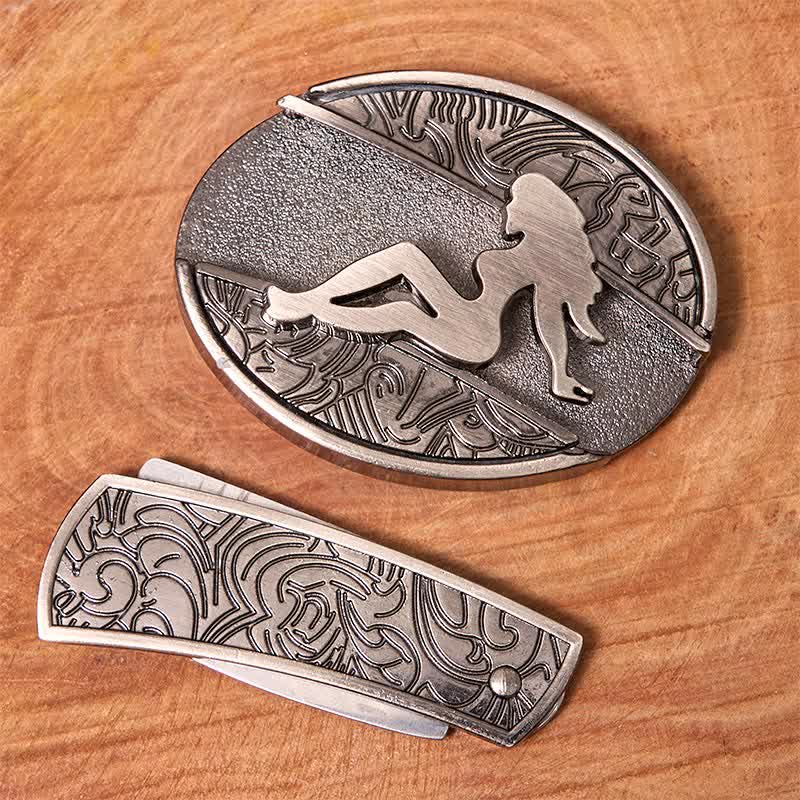 Men's DIY Lady Silhouette Hidden Folding Knife Leather Belt - image 2