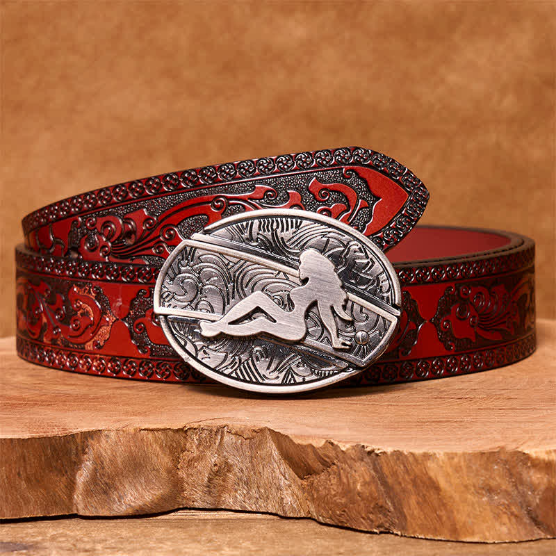 Men's DIY Lady Silhouette Hidden Folding Knife Leather Belt - Lady - Brown Carved Belt - 42 - image 8