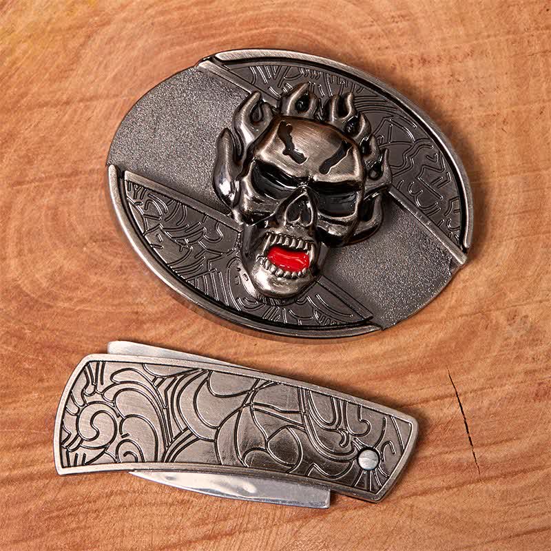 Men's DIY Flame Skull Hidden Folding Knife Leather Belt