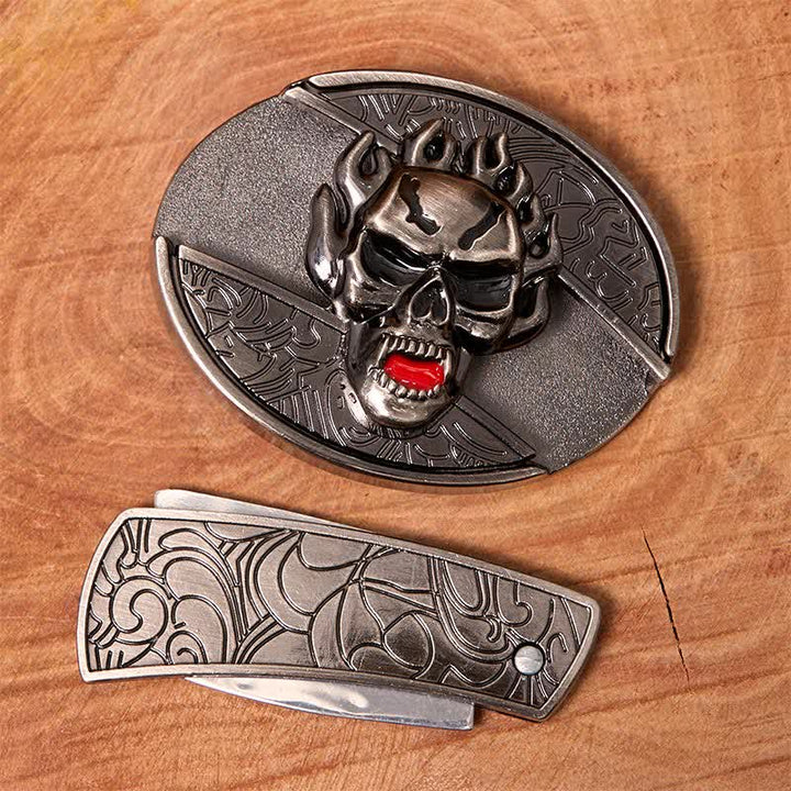 Men's DIY Flame Skull Hidden Folding Knife Leather Belt