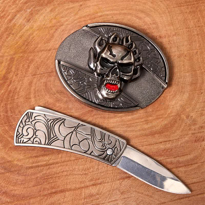 Men's DIY Flame Skull Hidden Folding Knife Leather Belt