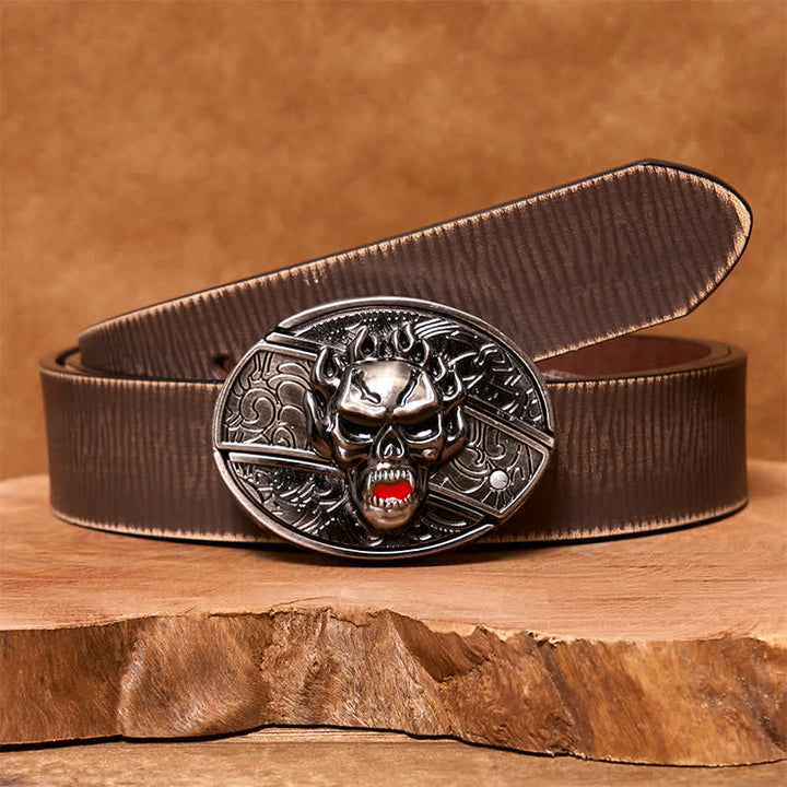 Men's DIY Flame Skull Hidden Folding Knife Leather Belt - Skull Head - Brown Distressed Belt - 42 - image 8