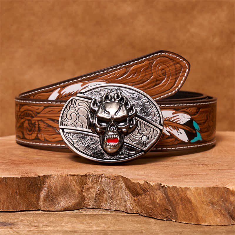 Men's DIY Flame Skull Hidden Folding Knife Leather Belt - Skull Head - Brown Feather Belt - 40 - image 9