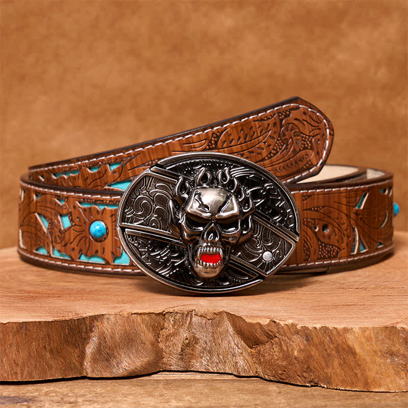 Men's DIY Flame Skull Hidden Folding Knife Leather Belt - Skull Head - Turquoise Carved Belt - 42 - image 7