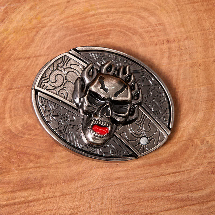 Men's DIY Flame Skull Hidden Folding Knife Leather Belt