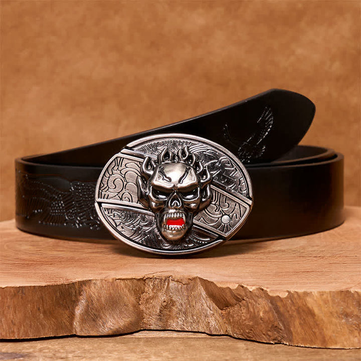 Men's DIY Flame Skull Hidden Folding Knife Leather Belt - Skull Head - Black Embossed Eagle Belt - 42 - image 5