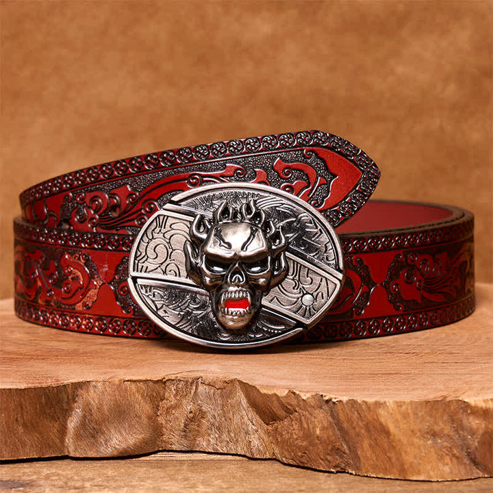Men's DIY Flame Skull Hidden Folding Knife Leather Belt - Skull Head - Brown Carved Belt - 42 - image 6