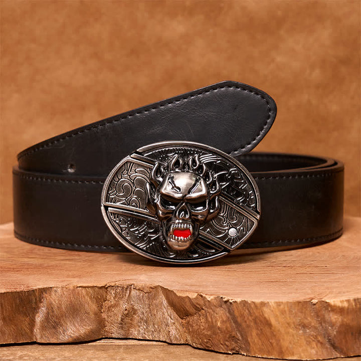 Men's DIY Flame Skull Hidden Folding Knife Leather Belt