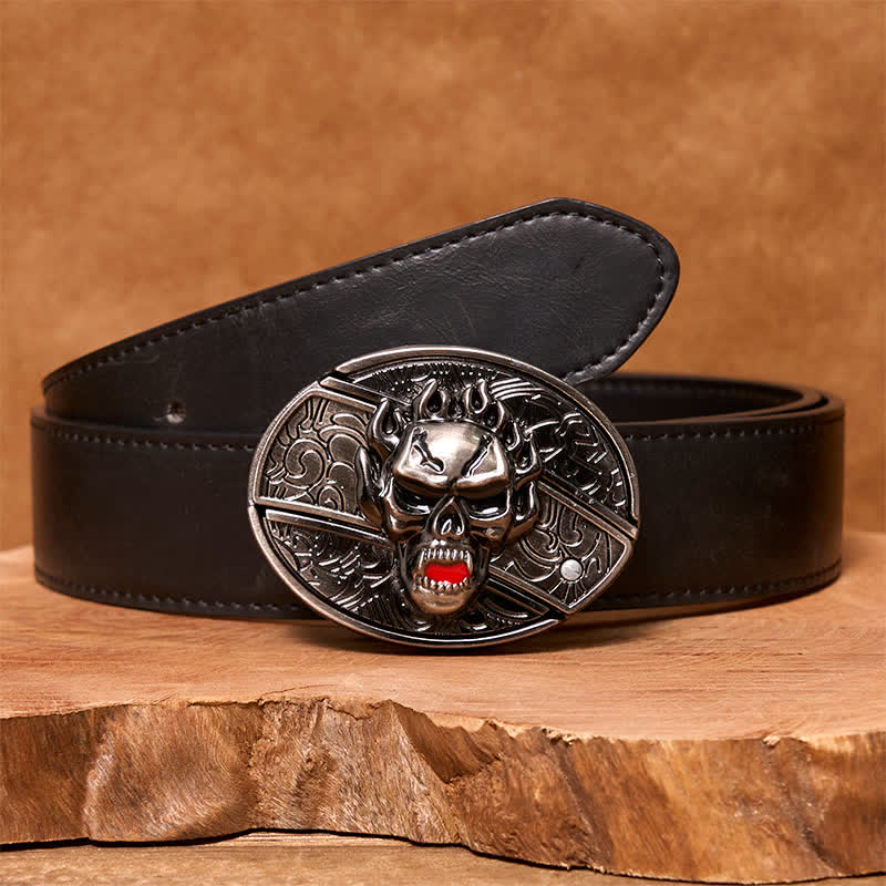 Men's DIY Flame Skull Hidden Folding Knife Leather Belt - Skull Head - Black PU Belt - 42 - image 4