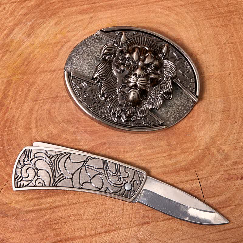 Men's DIY Lion Insignia Hidden Folding Knife Leather Belt
