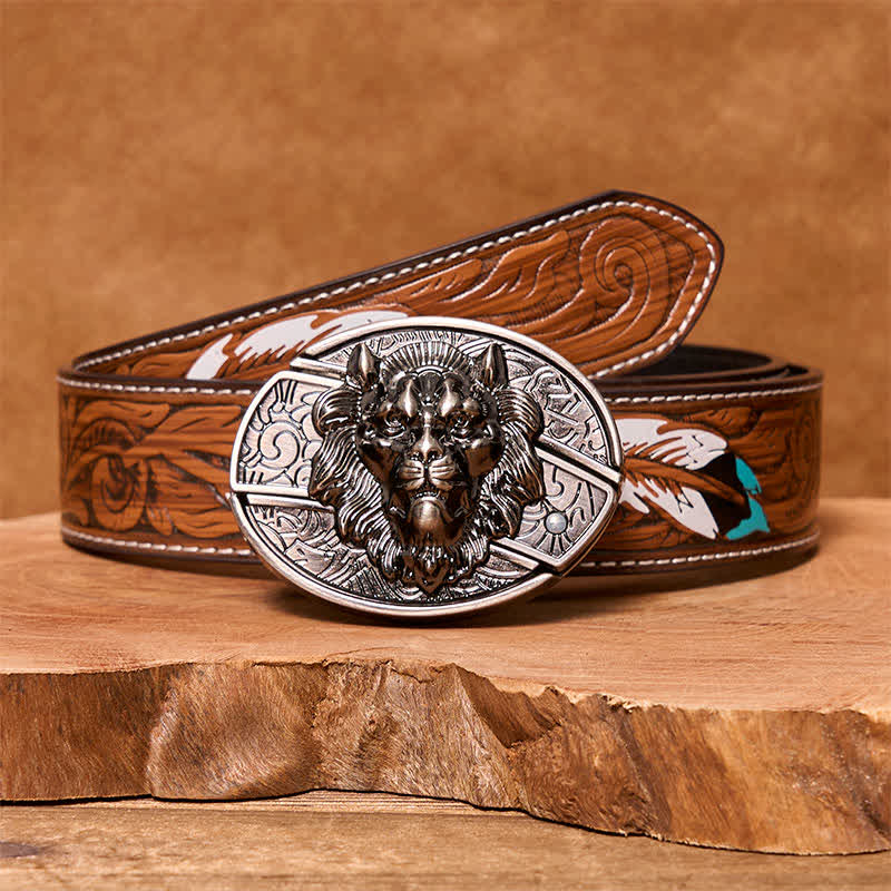 Men's DIY Lion Insignia Hidden Folding Knife Leather Belt - Lion - Brown Feather Belt - 40 - image 9