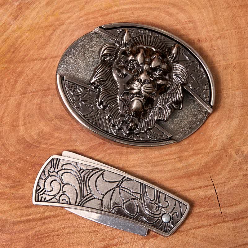 Men's DIY Lion Insignia Hidden Folding Knife Leather Belt