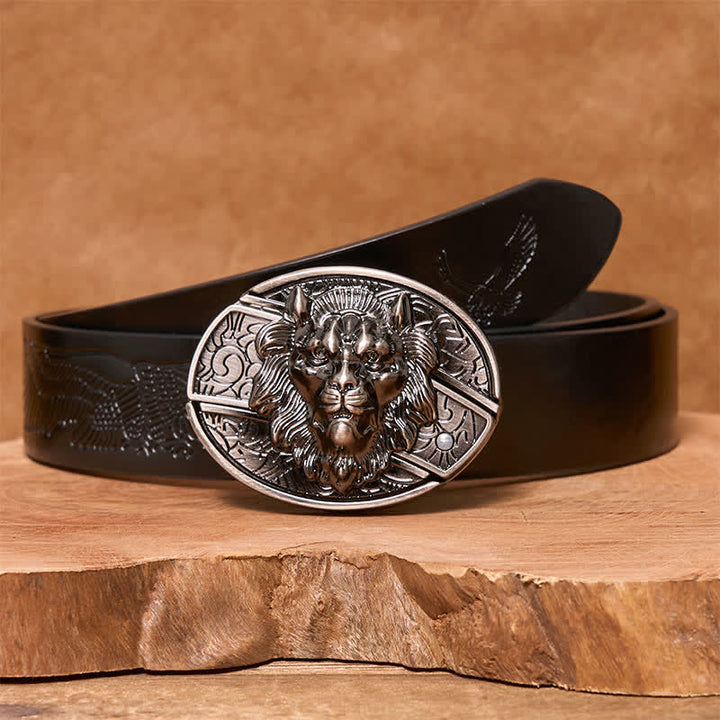 Men's DIY Lion Insignia Hidden Folding Knife Leather Belt - Lion - Black Embossed Eagle Belt - 42 - image 7