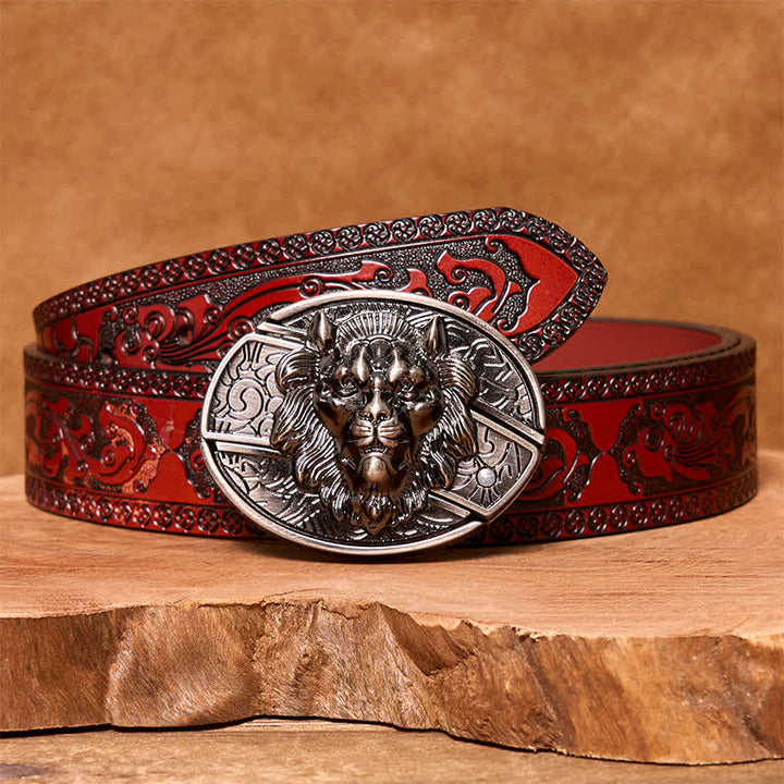 Men's DIY Lion Insignia Hidden Folding Knife Leather Belt - Lion - Brown Carved Belt - 42 - image 5