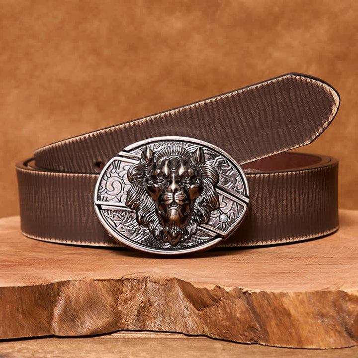Men's DIY Lion Insignia Hidden Folding Knife Leather Belt - Lion - Brown Distressed Belt - 42 - image 8