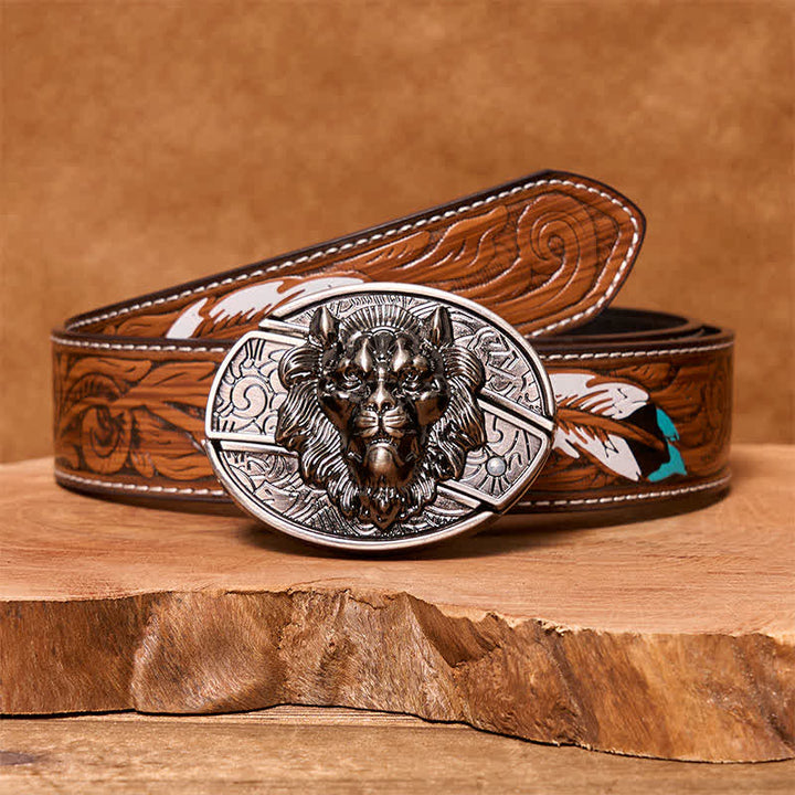 Men's DIY Lion Insignia Hidden Folding Knife Leather Belt