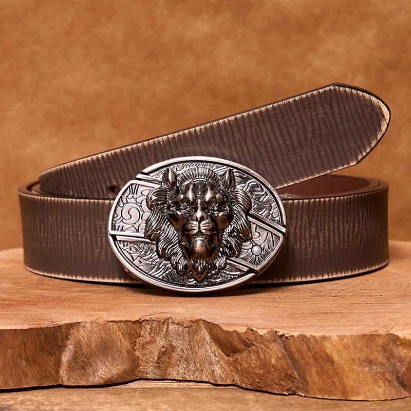 Men's DIY Lion Insignia Hidden Folding Knife Leather Belt - Lion - Brown Distressed Belt - 42 - image 8