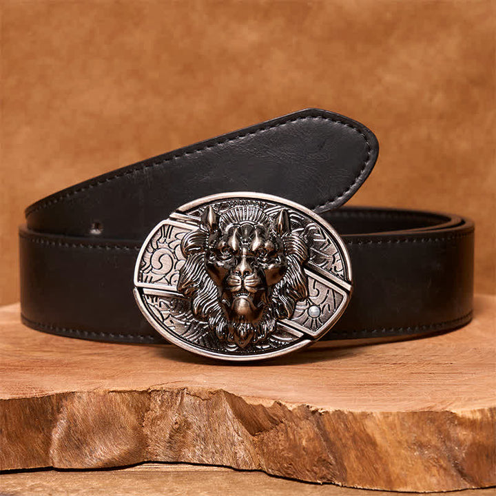Men's DIY Lion Insignia Hidden Folding Knife Leather Belt - Lion - Black PU Belt - 42 - image 4
